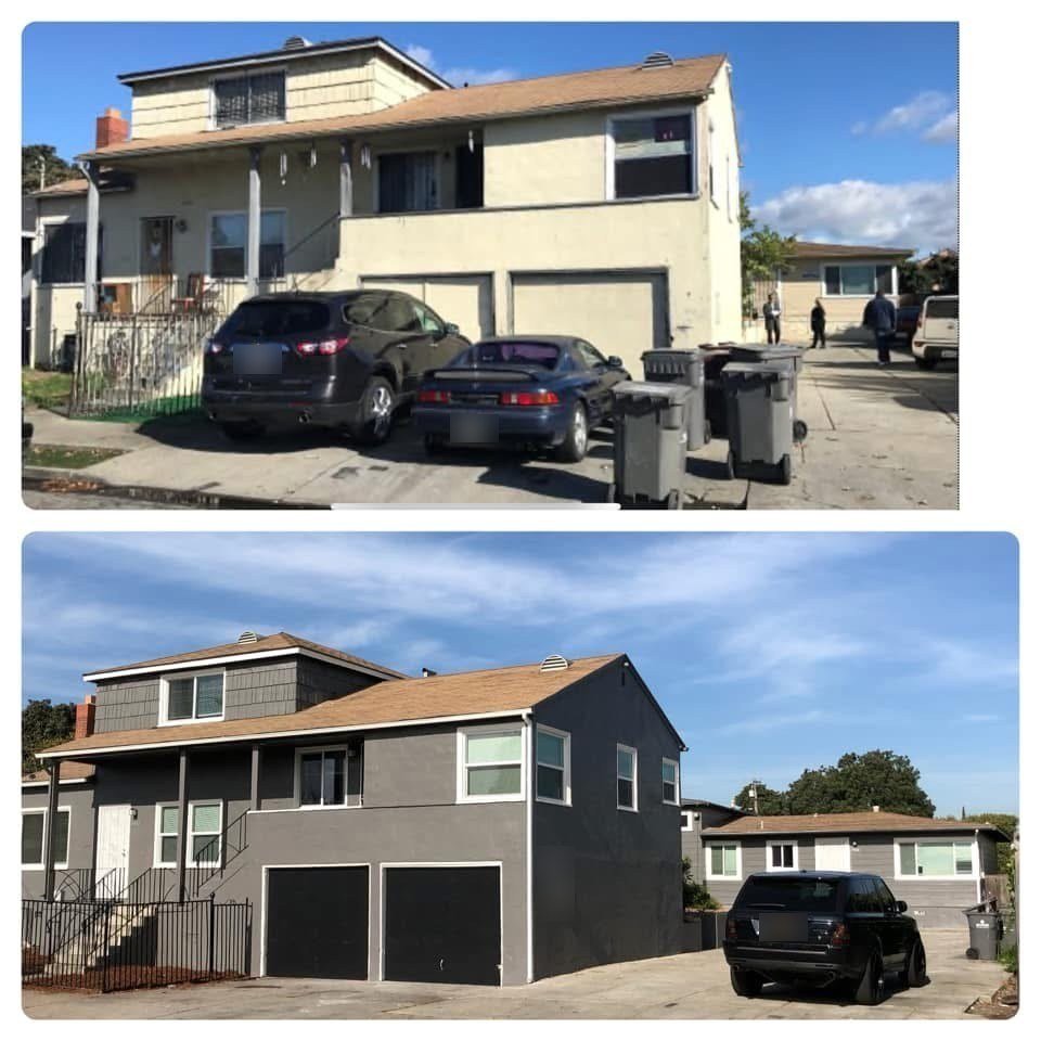 Elmhurst, Oakland apartment building before (top) and after (bottom) a full exterior and interior renovation