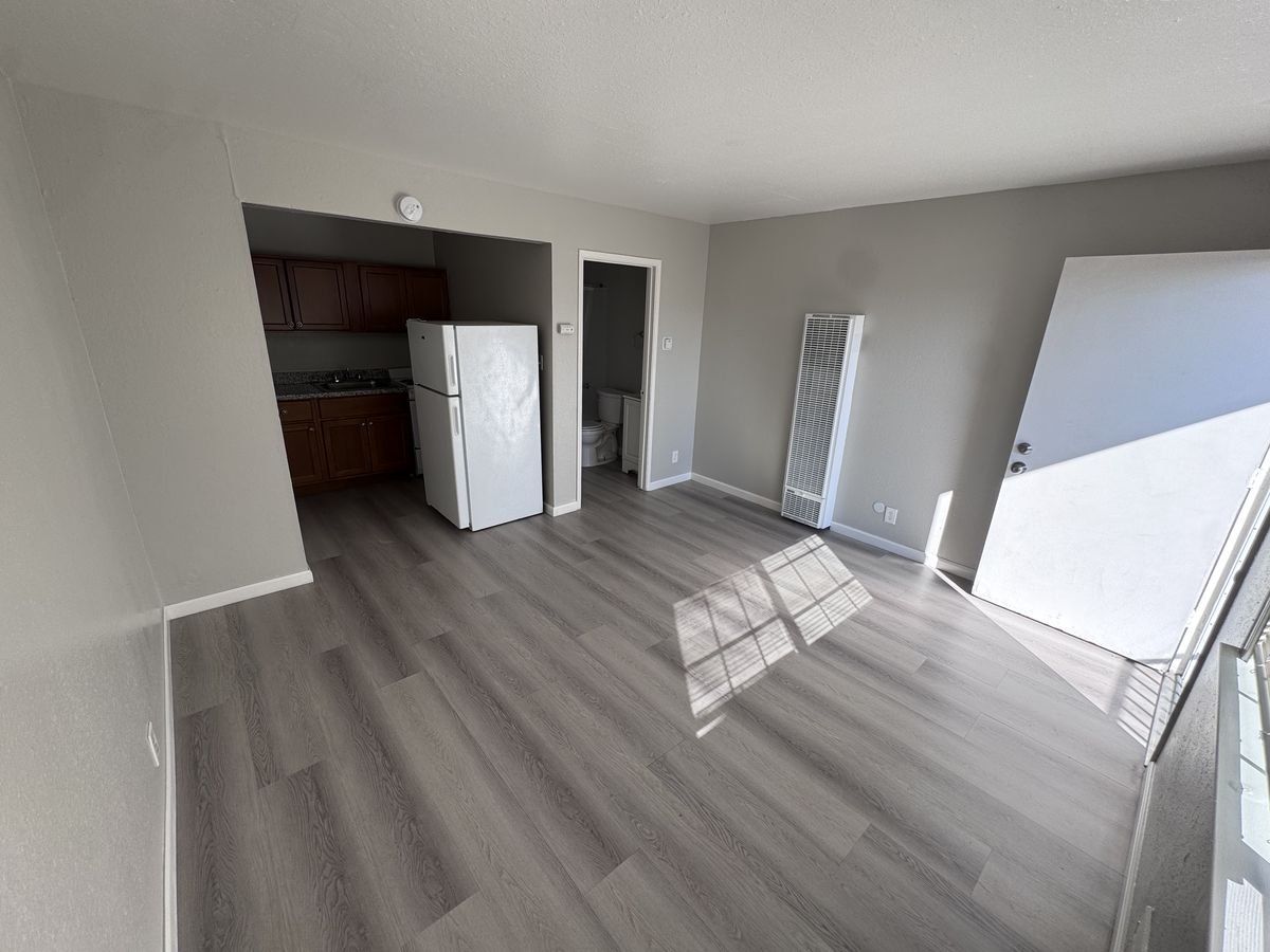 Renovated MacArthur studio with new plank flooring, kitchenette and bathroom